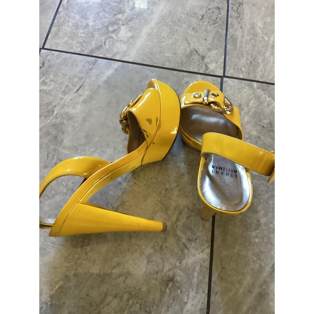 Stuart Weitzman Shoes Y2K Womens Sz 7 Yellow Patent Slingback Platform Peep Toe - Picture 4 of 8